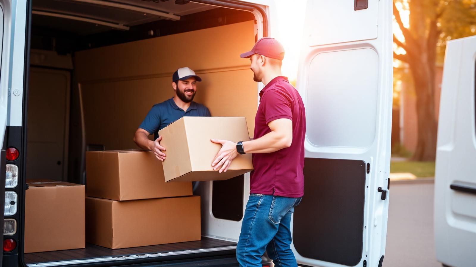 Zwei freundliche Mitarbeiter verladen Kartons in einen weißen Transporter